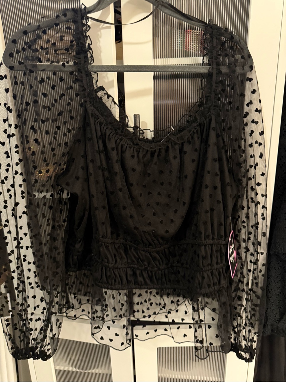 Mixed Threads Black Sheer Mesh Heart Square Neck Peplum Puff Blouse 2X